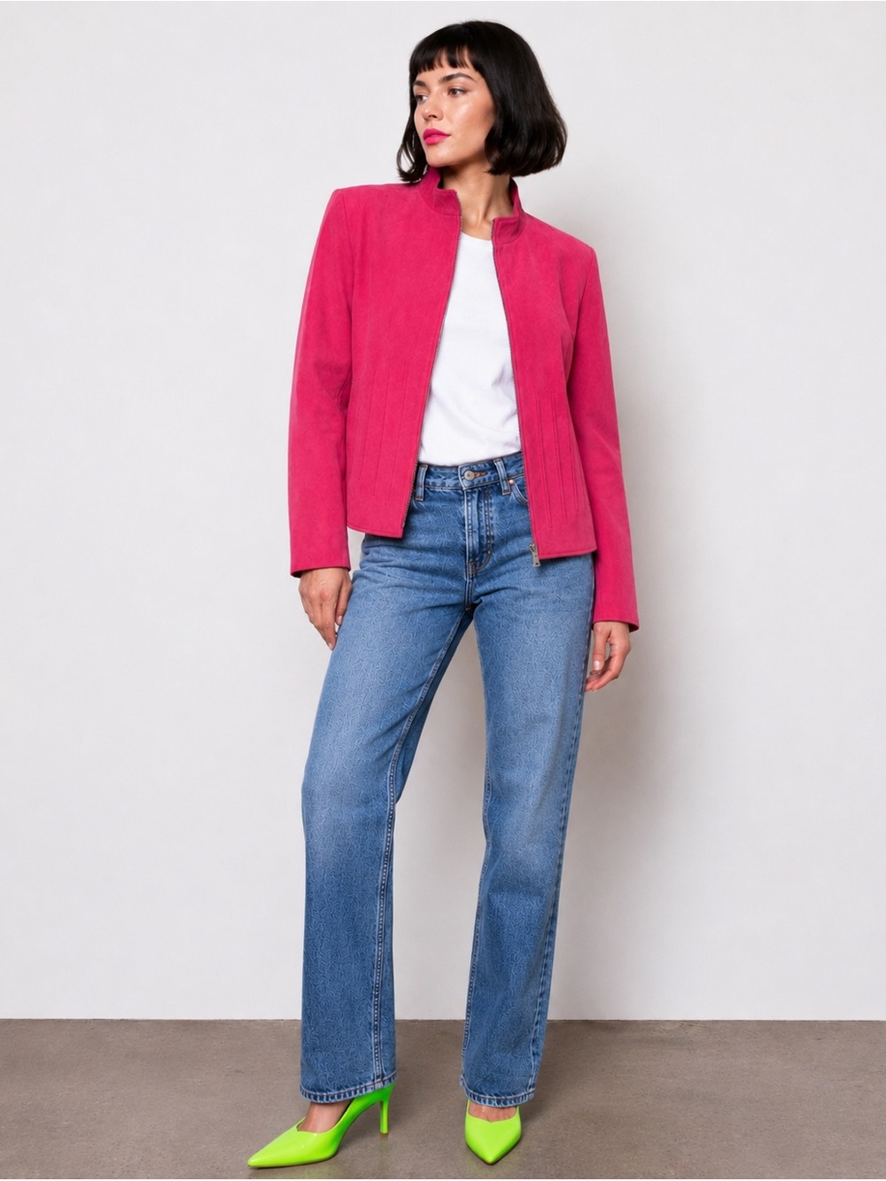 Pink leather jacket / blazer. Zip front.  Faux seam boning. Hot pink suede- PL